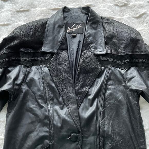 š„Vintage 80s Winlit Baroque Paisley Leather Long Duster Coat Gothic Steampunk M - Picture 7 of 16